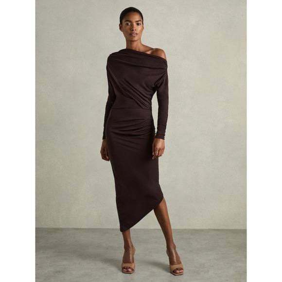 Reiss Dresses & Skirts - REISS Fleur Off The Shoulder Ruched Jersey Midi Dress Brown Long Sleeve Sz Large